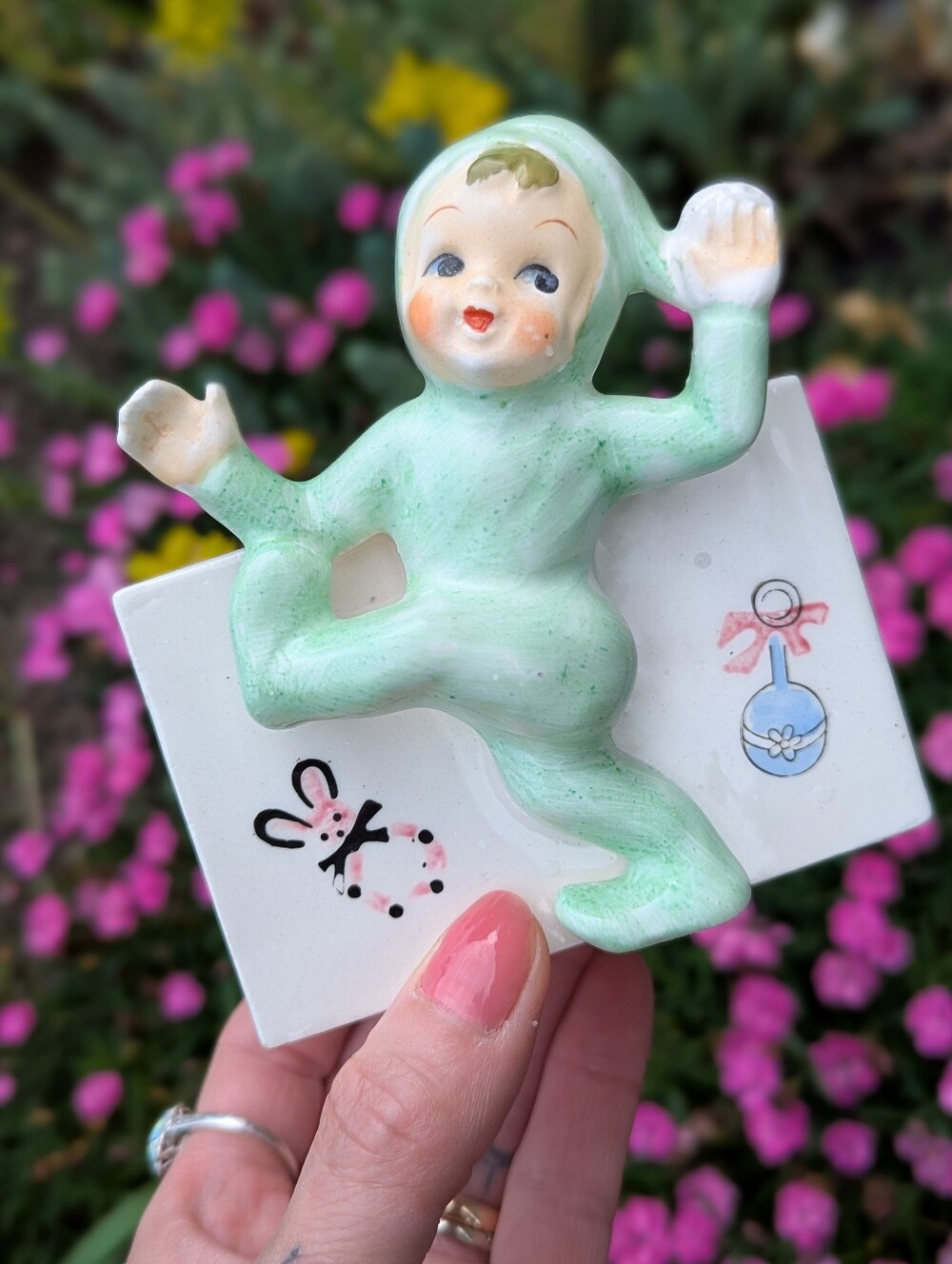 🧚‍♂️🍼VTG MC Green Baby Pixie Figurine Baby Shower Planter Gift Nursery Retro